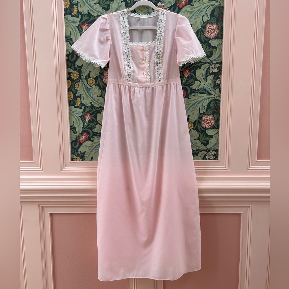 Vintage Pink cotton blend empire waist maxi dress / cottage core nightgown